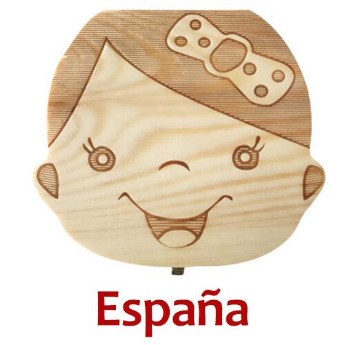 Baby Wood Tooth Box Organizer Milk Teeth Storage Language Spain English Collect Teeth Umbilica Save Baby Tooth Box: Girl-X