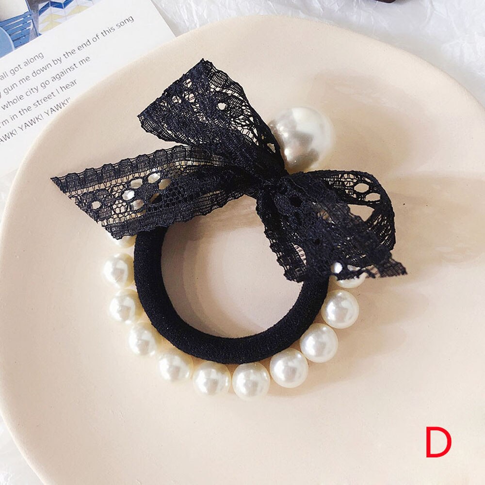 Ruban avec nœud papillon de Style coréen pour femmes et filles, avec Imitation de perles, attaches pour cheveux, cordes et bande en caoutchouc, , élastique pour queue de cheval: D