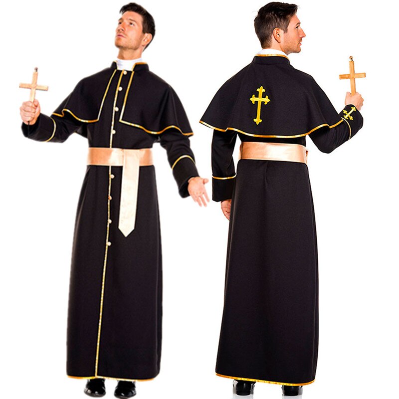 Noir classique prêtre Costume pourim Halloween adultes homme pape Robe parrain missionnaire mascarade fête Cosplay vêtements