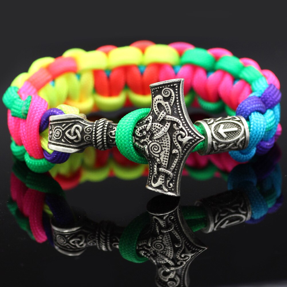 Youe Glänzte Nordischen Viking Thor Mjolnir Hammer Paracord Amuletceltic Rune Knoten Amulett Skandinavischen Licht Regenbogen Armband: D