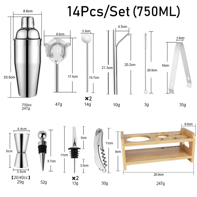 550ML/750ML Stainless Steel Mixer Wine Martini Cocktail Shaker Cocktail Shaker Bar Set Boston Shaker For Drink Party Bar Tools: 14Pcs Wood 750ML