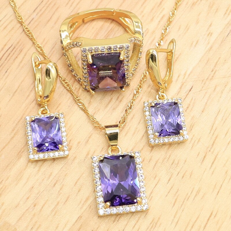 Geometrische Goud Kleur Sieraden Sets Voor Vrouwen Regenboog Zirkoon Oorbellen Ketting Hanger Open Ringen Verstelbare Geschenkdoos: Purple