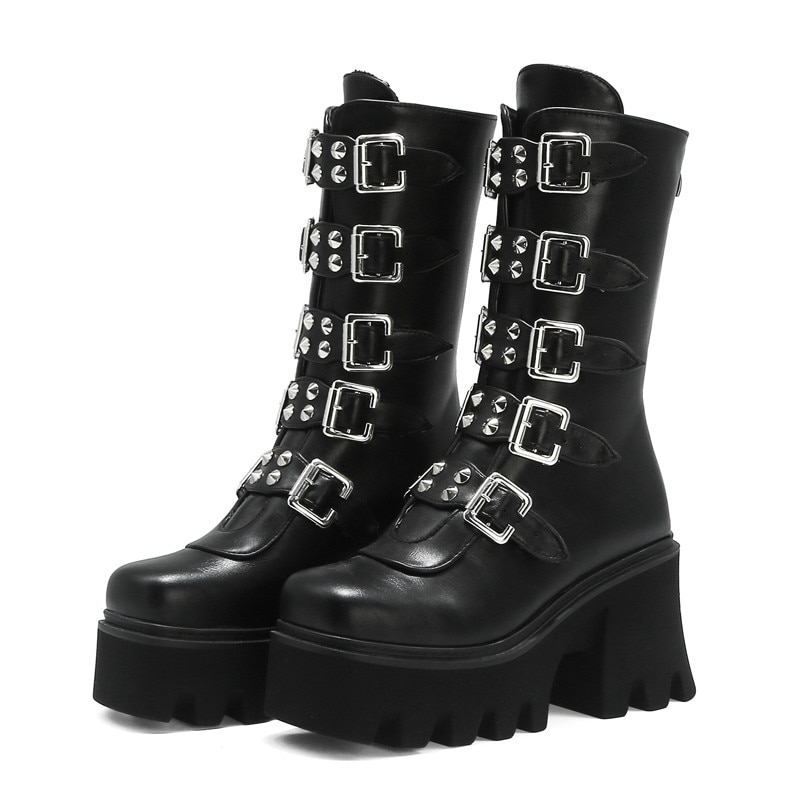 Botas de plataforma estilo gótico Punk para mujer, zapatos de media pantorrilla con cuña y cremallera, botas militares de combate, para invierno, con correa de Hebilla negra