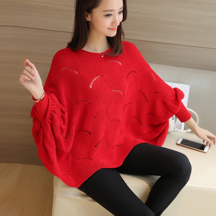 Loose Knit Scalloped Sweater Off Shoulder Pullover Women Pink Batwing Sleeve Knitwear Oversized Poncho Sweater