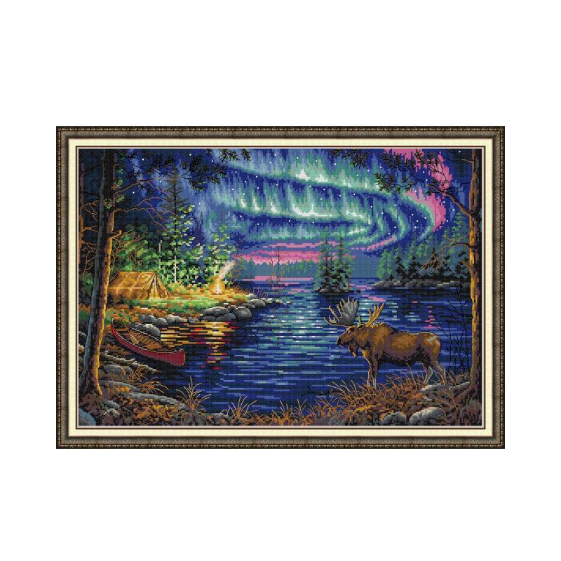 Cross Stitch Stamped Kits 14CT Printed Embroidery Cloth Needlepoint Kits Easy Patterns For Northern Lights Forest Fawn: Default Title