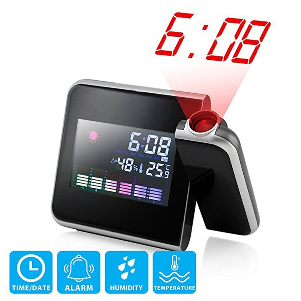 Digital LCD Projection LED Display Alarm Clock Weather Snooze Function Temperature Thermometer Humidity Table Clock Decor