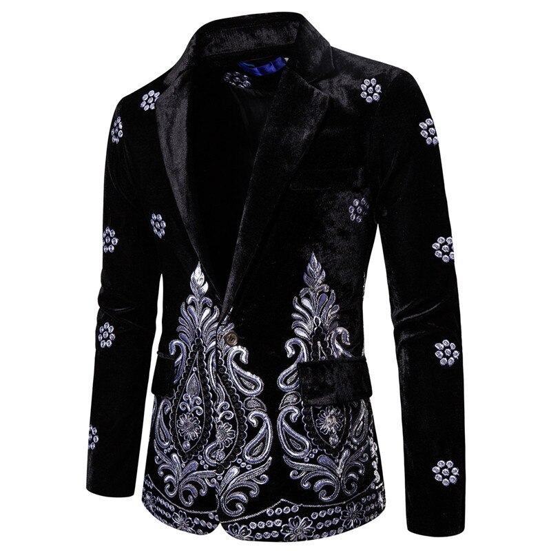Herrbroderi sammet kavaj kavaj kavaj slim fit lyxrockar ytterkläder företag 3 färger: Svart / Xxl