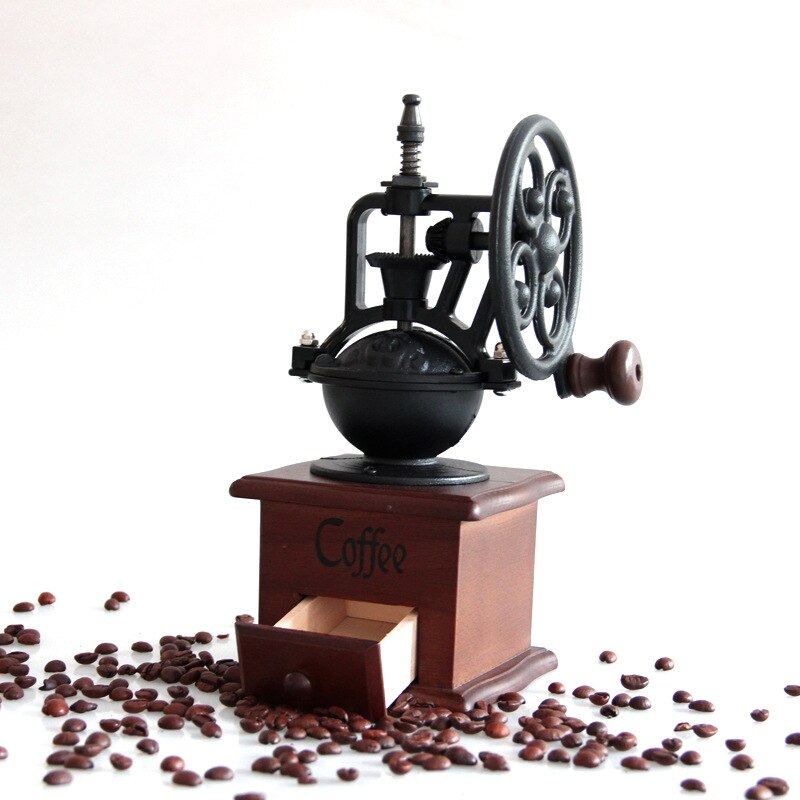 Klassisk træ manuel kaffekværn hånd støbejern retro håndlavede kaffebønner krydderi mini burr møller køkkenværktøj: D