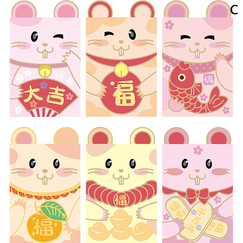 6 Stks/pak Kawaii Chinese Fortune Rat Jaar Rode Envelop Kinderen Jaar Rode Pocket Voor Student Kids