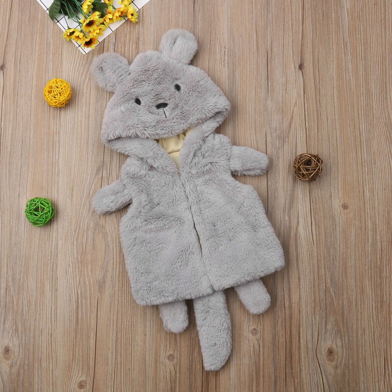 Infant Kids Baby Meisje Jongen Leuke Muis Vest Uitloper Fleece Bont Cartoon Hooded Zipper Grijs Herfst Winter Warme Kleding Jas 1-6Y