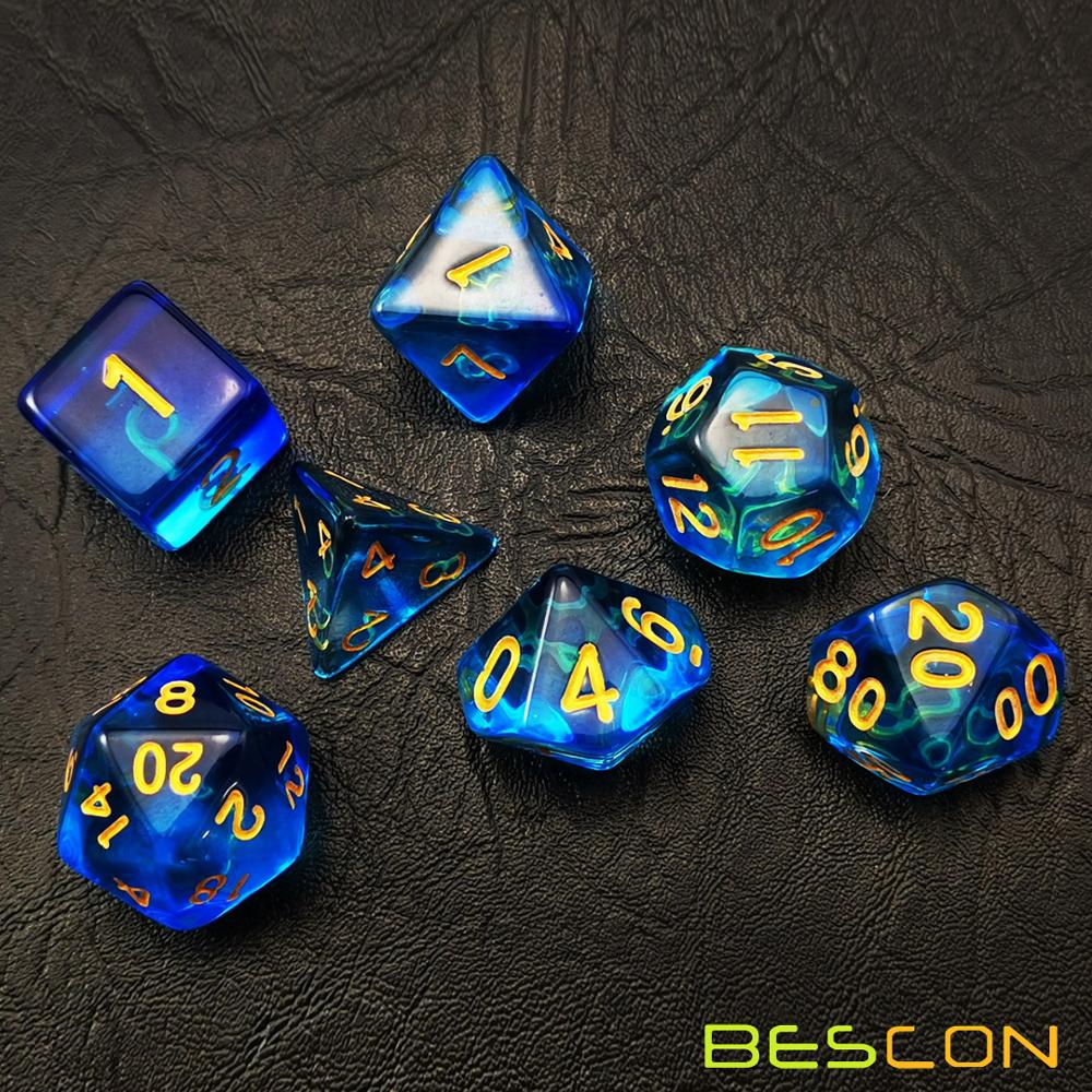 Bescon Crystal Blue 7-pc Poly Dice Set, Bescon Polyhedral RPG Dice Set Crystal Blue, Blush, Grass, Purple, Black, Pink Cloud