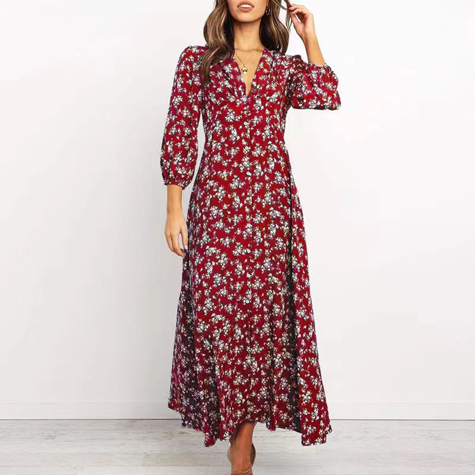 Vestido de verano de manga larga con estampado Floral para mujer, maxivestido Sexy de a la , cuello en V, corte ajustado: M / Rojo