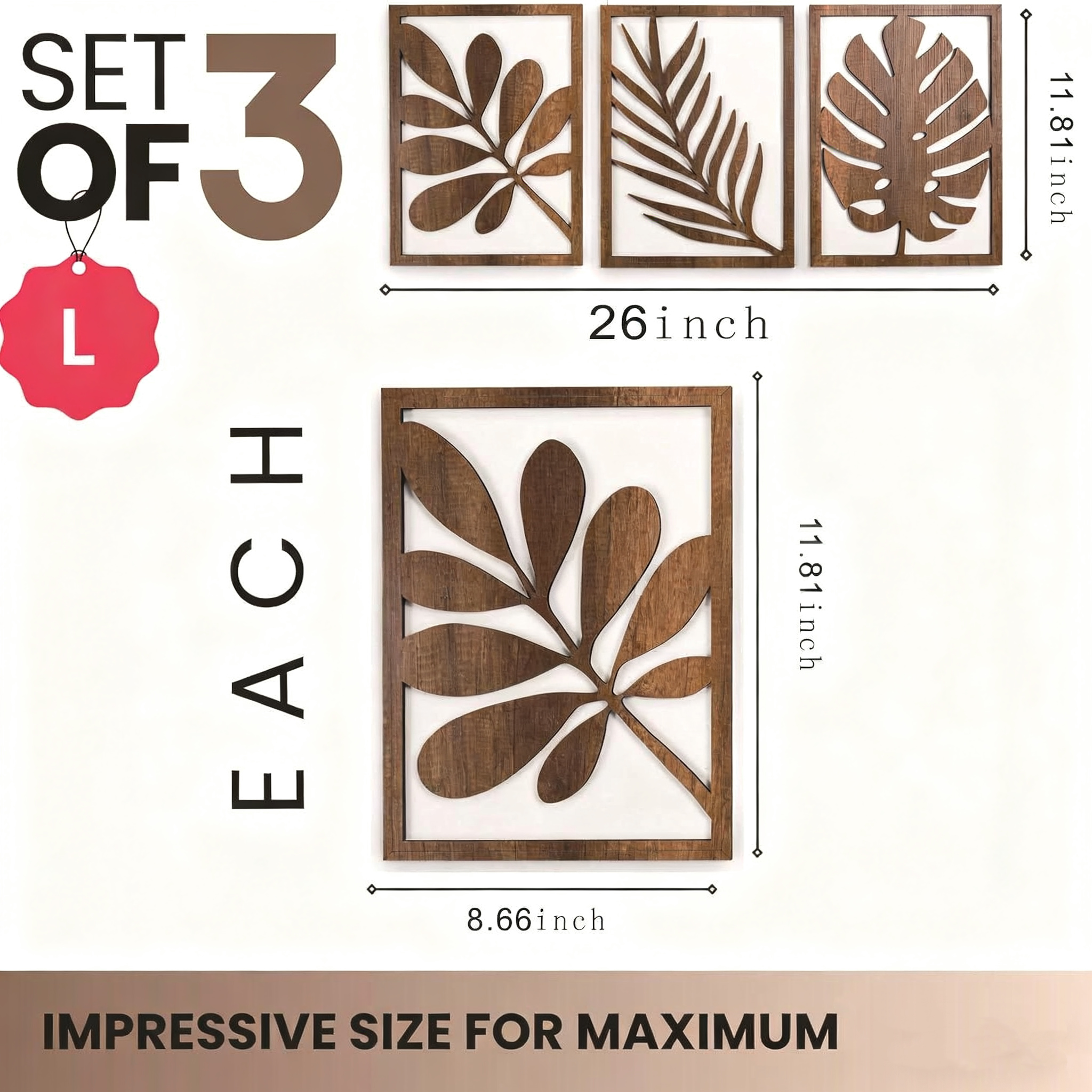 La decoración colgante de pared del hogar de hojas de madera de 3 piezas es adecuada para decoración artística de pared en salas de estar, dormitorios y oficinas