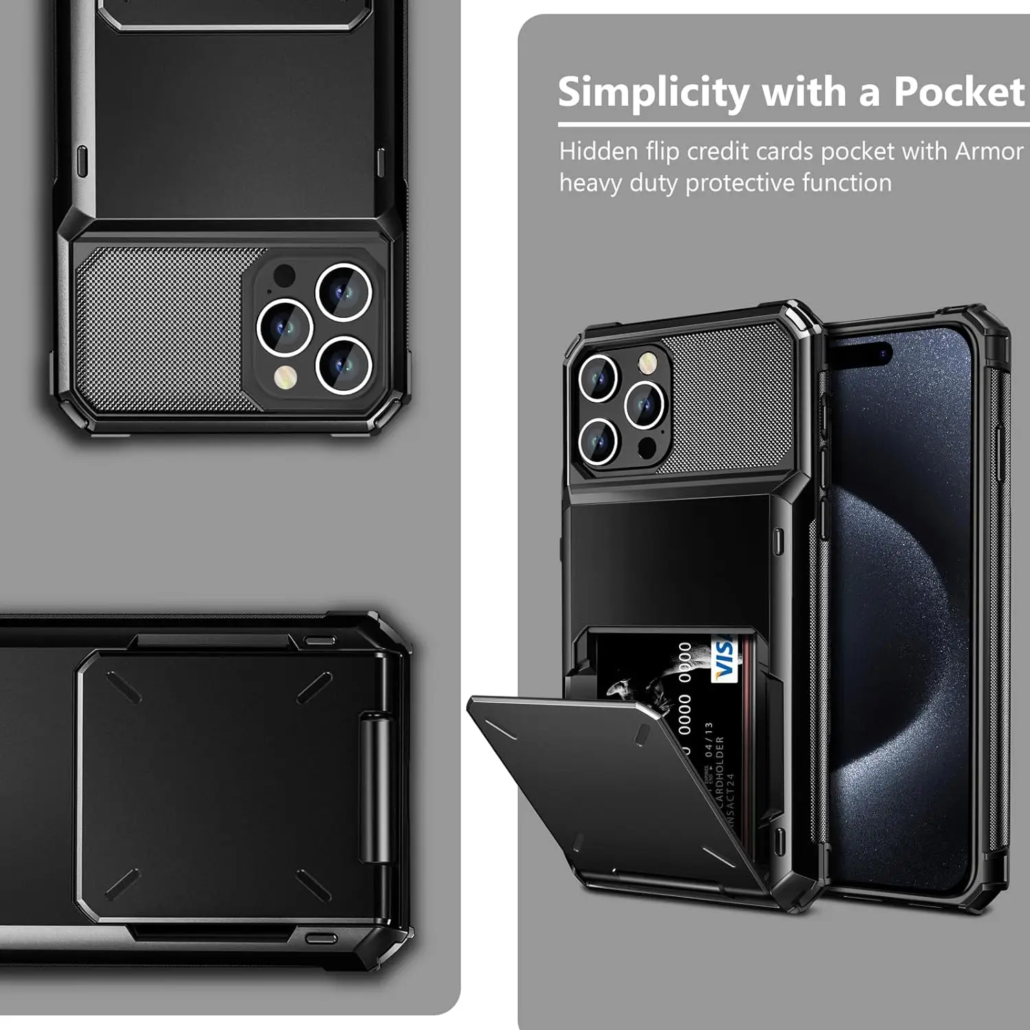 Card Holder Case For iPhone 15 Pro Max 15 Plus 15 14 Pro 13 12 11 Heavy Duty Wallet Hidden Flip Slot Protective Hard Back Cover
