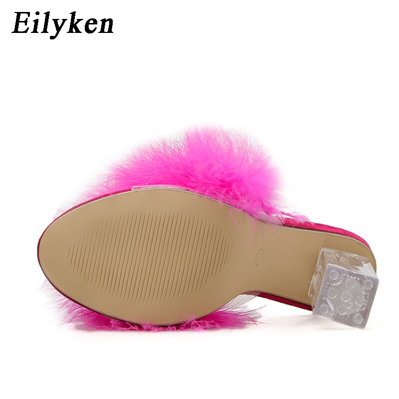 Eilyken Mode Harige Open Teen Slippers Clear Crystal Hoge Hakken Vrouwen Schoenen Vierkante Hak Transparante Vrouwelijke Sandalen