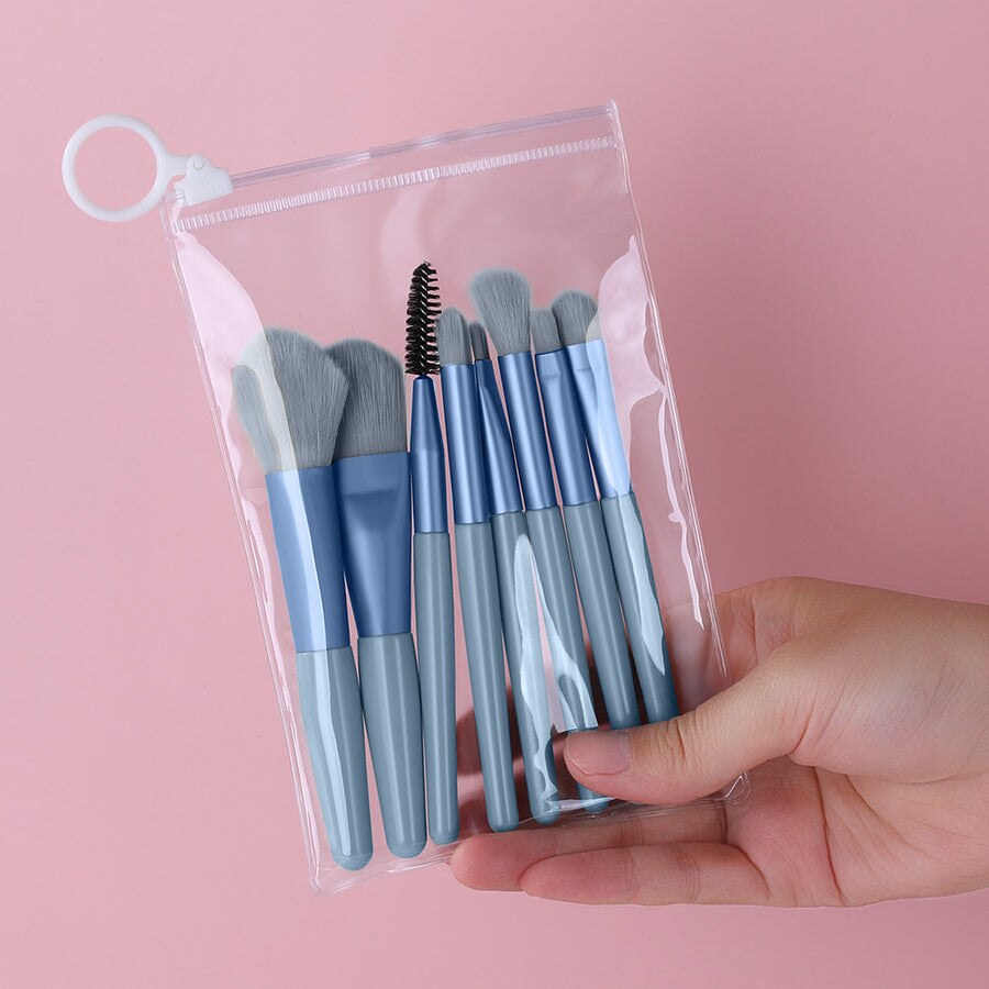 FJER-Mini brochas de maquillaje de viaje, 8 piezas, portátil, corrector suave, herramienta de sombra de ojos, base de belleza, cepillo de rubor para pestañas con bolsa: blue without bag