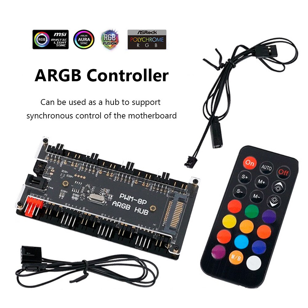PWM &amp; ARGB LED Controller Hub 8 Ports 5V 3Pin RGB interface Wireless Remote Adapter AURA Splitter Port Power Magnetic Fixation