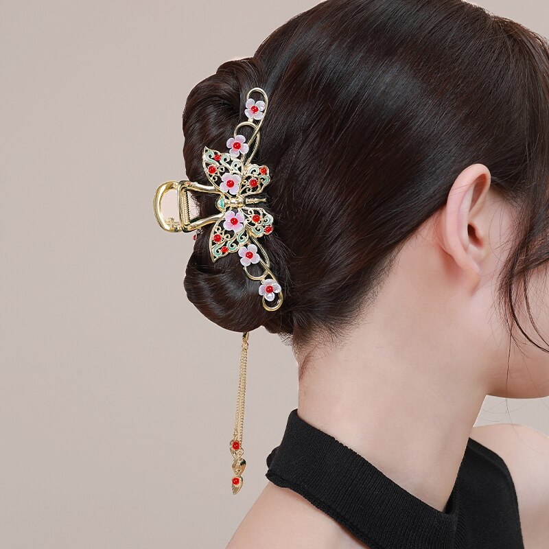 Pinzas para el pelo de estilo chino, horquillas de aleación de Palacio, horquillas de Camelia, pinzas de cangrejo con borla verde, accesorios para el cabello con personalidad