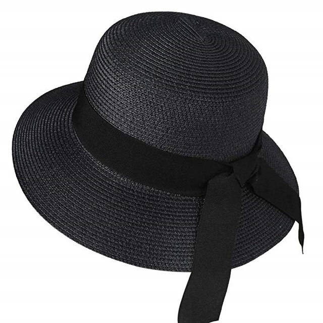 FURTALK Sun Hat for Women Summer Panama Hat Female UV Protection Floppy Beach Straw Hat Ladies Wide Brim Travel Sun Bucket Cap: black / M