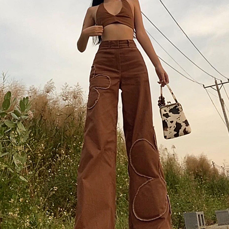 Rapcopter Brown Floral Jeans Y2K Retro Denim Pants Baggy Straight Cargo Pants Women Popular Trousers 90S Harajuku Joggers