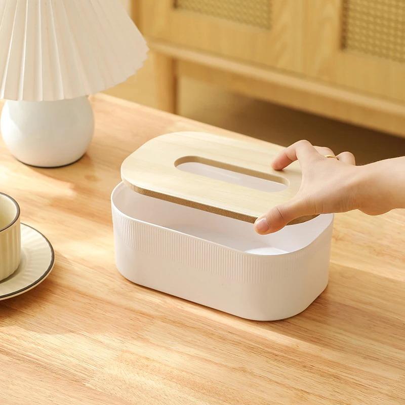 Plastik-Taschentuchbox mit Holzdeckel im Nordischen Schlichtheit-Stil Desktop-Serviettenbox für Wohnzimmer, Badezimmer und Toilette Quadratische Taschentuchbox