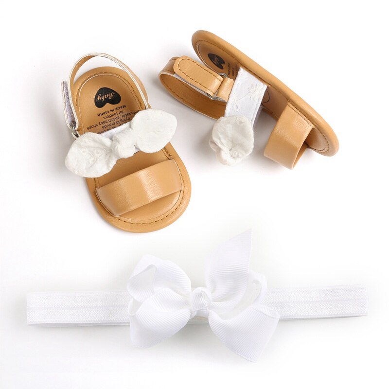 Bebê meninas bonito arco sandálias pu princesa sapatos de fundo macio sandálias da criança com branco rosa bandana conjunto de duas peças novo