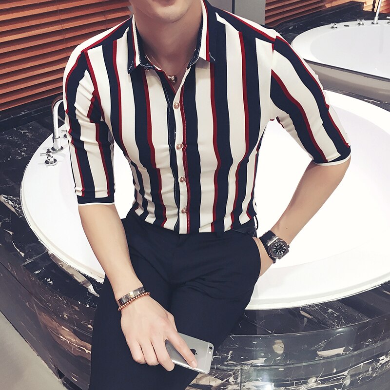 Mens Stripe white Shirt Short Sleeve Summer business casual style Masculina Oversize 5XL Red White black Stripe for man: Redblack Stripe / XL
