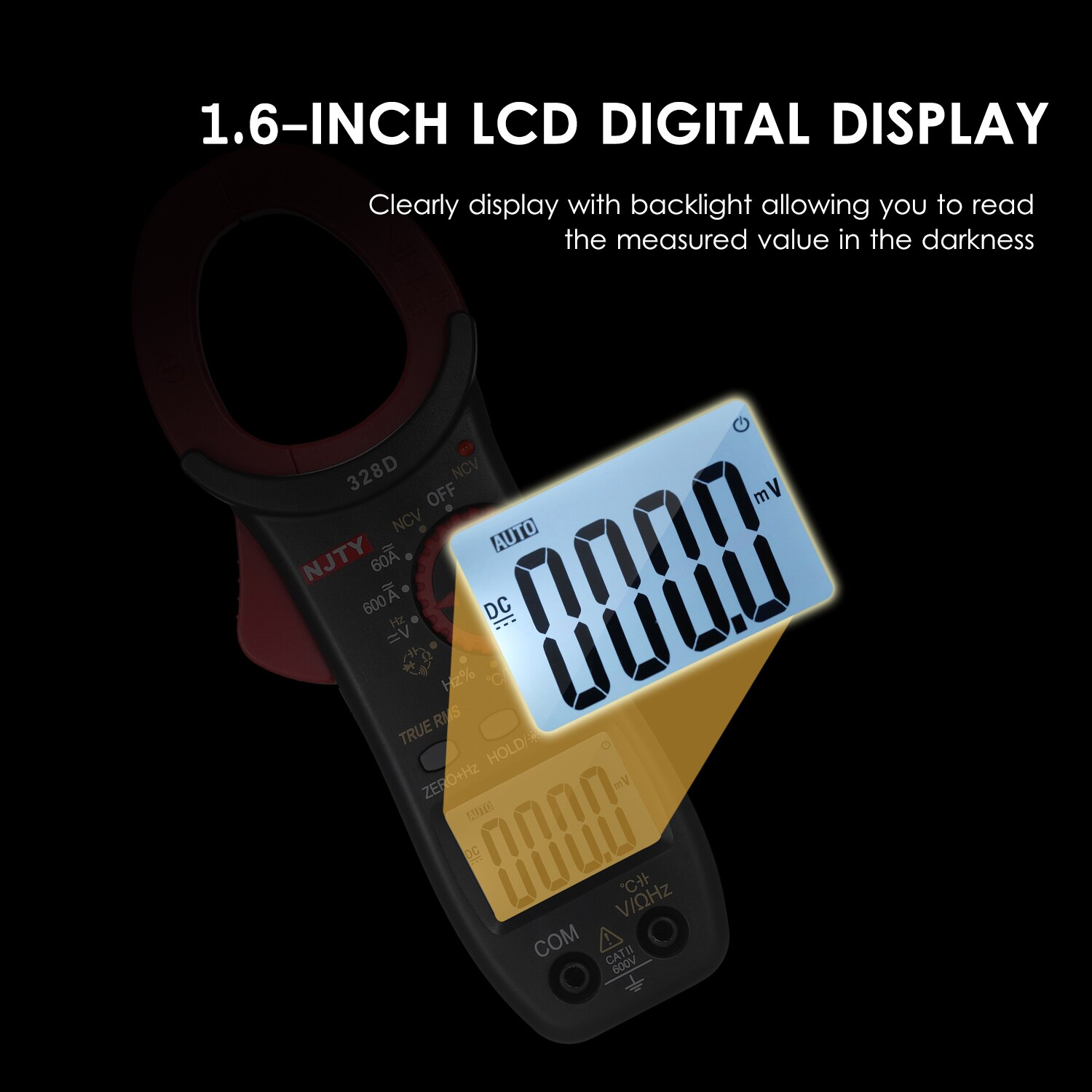 NJTY Clamp Meter 600A AC Clamp Multimeter Auto Range 6000 Counts 1.6-inch LCD Digital AC True RMS NCV Clamp Universal Meter