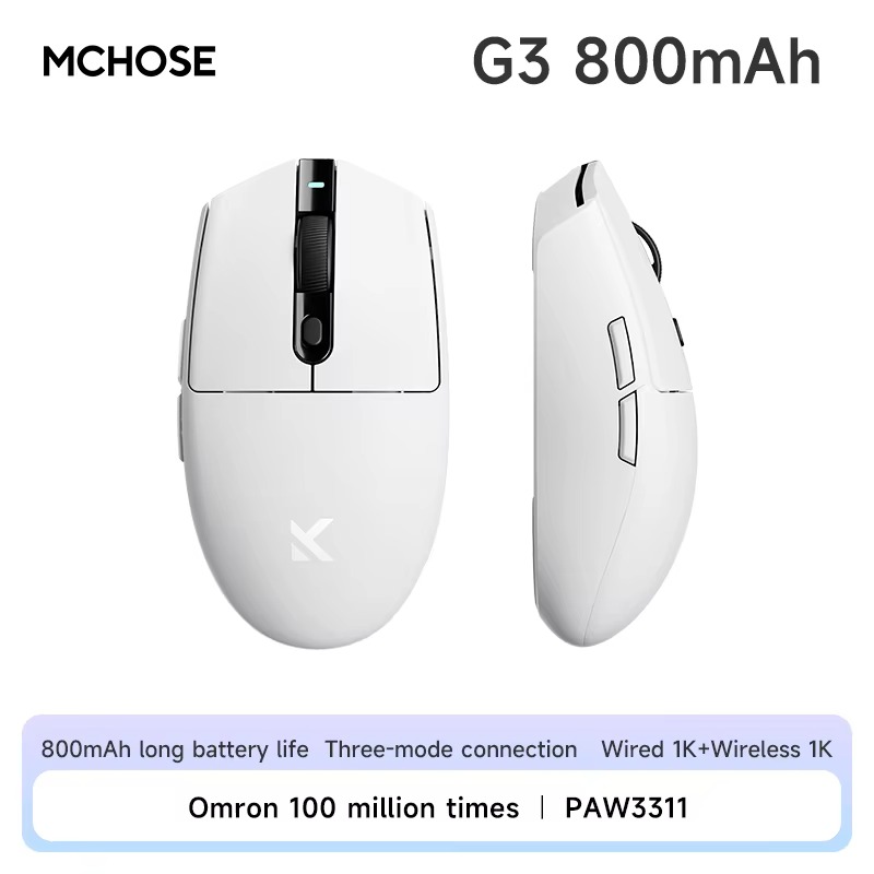 MCHOSE G3 Wireless Gaming Mouse, 12K DPI, PAW3311, Bluetooth Tri-Mode, Lightweight 64g, Long Lasting Life, Ergonomic: Silver