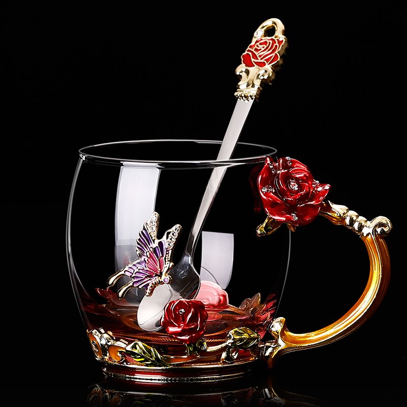 Glass Coffee Mug Tea Cup Enamel Crystal Flower High-grade Handgrip for Lover Wedding R2078: Red 3