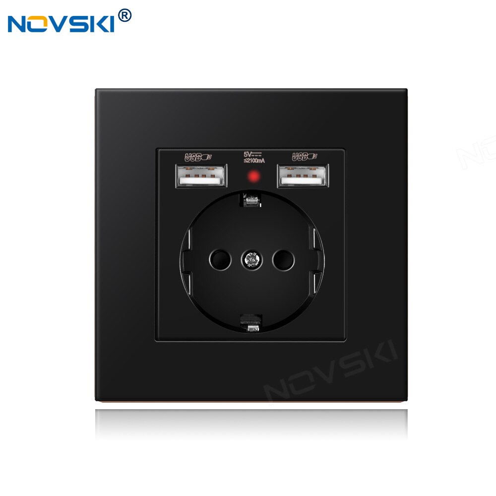 NOVSKI Pop Socket, USB-разъем 220, Electrical German Outlet, 2.1A Dual USB Charging Port with Soft LED Indicator: Pc Panel Black