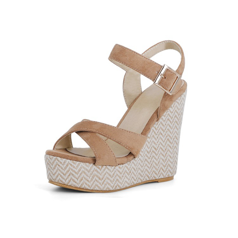 REAVE CAT Summer Slingbacks Open Toe Stretch Fabric Buckle Cross Strap 12.5cm Wedge Sandal With Platform Size 30-48 Hemp
