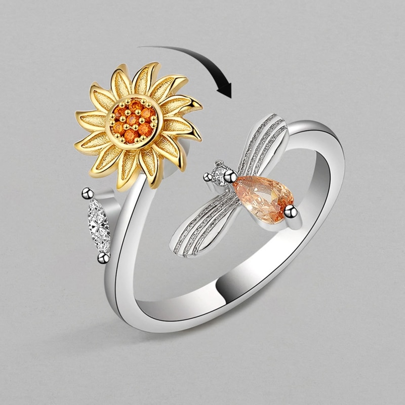 Fidget Spinner Ring Zirconia Angst Ring Zonnebloem Draaibare Verstelbare Open Vrede Ringen Verlichten Zorgen Stress