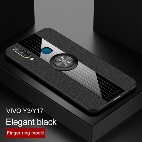 Vivo Y17 Y15 Y12 Y3 Phone Case Car Magnetic Ring Stand Cloth Stitching Back Cover Shockproof Armor Casing: For ViVO Y3 / Black