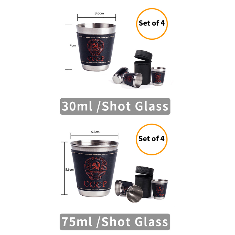 4Pcs/Set Stainless Steel Vodka Cup Set Portable Mini Wine Tumbler With Leather Cover Case Bag Outdoor Bar Wine Beer Whiskey Cup