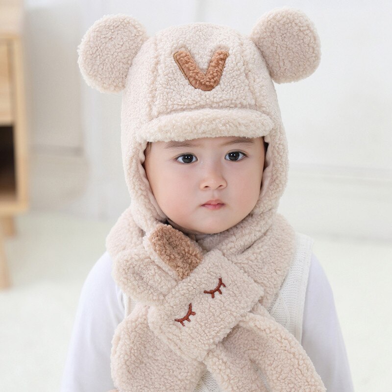 Traje de cuello y gorro de bombardero para bebé, otoño e invierno, dibujos animados para niños, niño y niña, juegos de gorro y bufanda gruesos y cálidos: beige