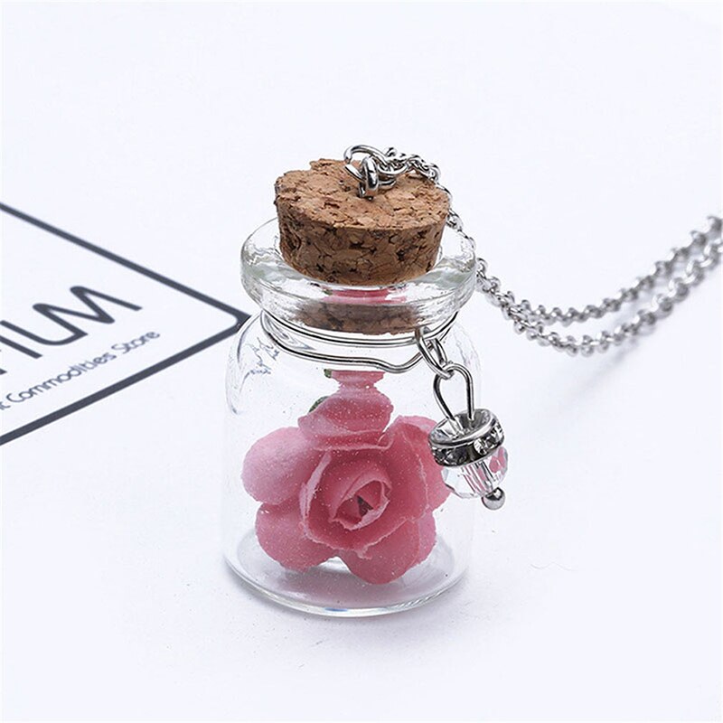 Drift Flasche Getrocknete Blume Anhänger Halskette Kreative Luminous Rose Kristall Glas Fläschchen Anhänger Halskette