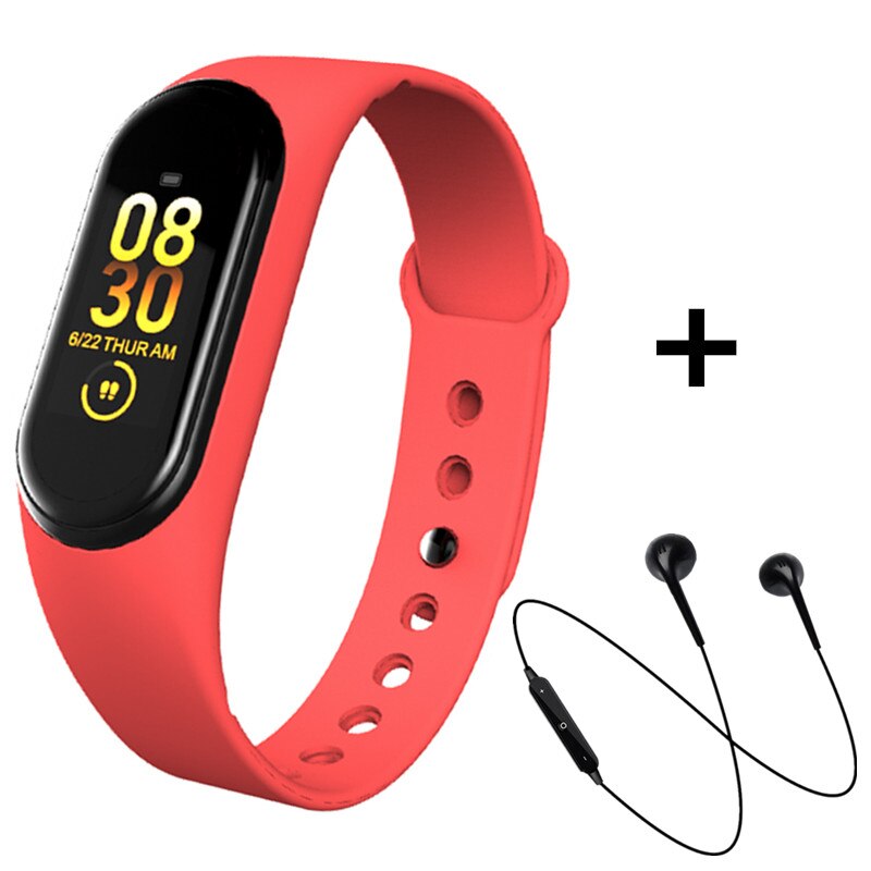 M4 smart band hjertefrekvens blodtryksmåler smart armbånd fintness aktivitet trackeer smart armbåndsur med øretelefon: Rød sort