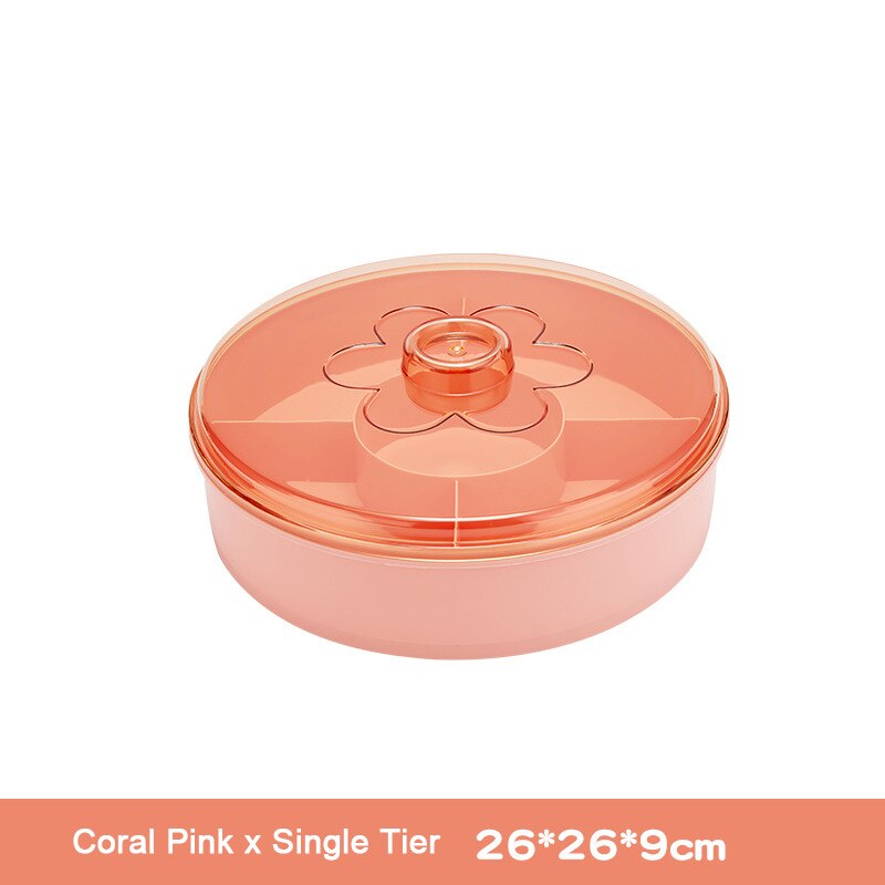Rotating Snack Box Plastic Food Storage Organizer Candy Nuts Serving Container Divided Compartments Party Snack Plate with Lid: Pink Single Tier
