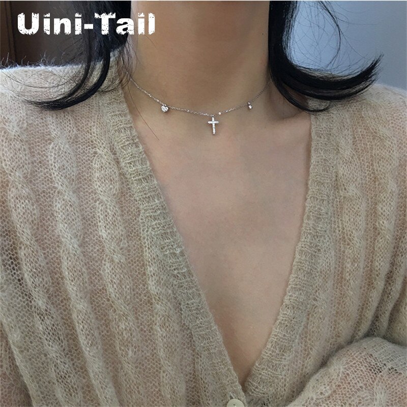 Uini-tail quente novo 925 prata esterlina cruz micro-incrustado colar coreano simples moda temperamento doce de alta qualidade jóias