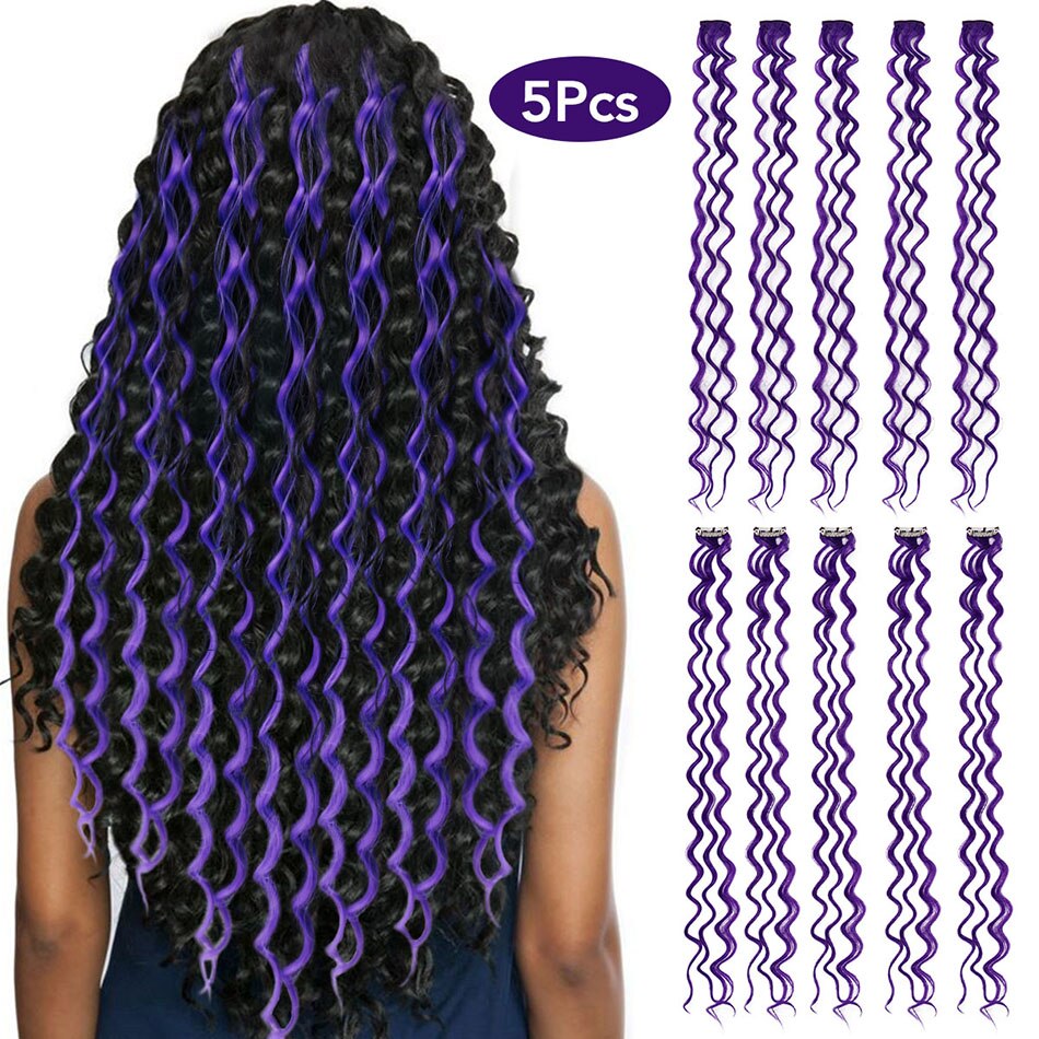 MEEPO pelo sintético con pinza en extensiones de cabello de una pieza oscuro largo onda color destacar de la extensión del pelo para mujeres 5 unids/set: Purple