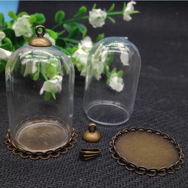10 satz/lot -- 25*38mm vakuumglocke form rohr klarglas blase flasche & tray & top-stecker -- für DIY halskette zubehör finden: bronze double lace