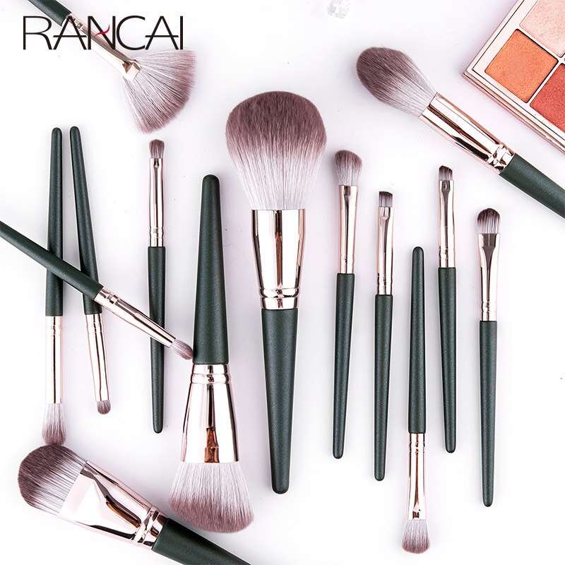 Rancai 14 stuks make-up kwastenset crochas maquillaje green large losse poeder hoogglans oogschaduw foundation contour synthetihair