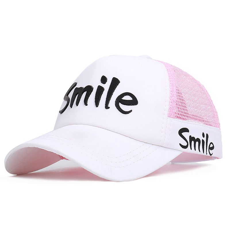 Peaked Cap With Adjustable Back Closure Children Summer Smile Letter Printed Mesh Baseball Hat Headwear Outdoor Sports Wear: White