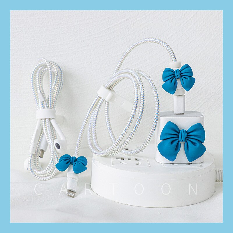 Protector de Cable para iPhone 12, accesorios de cargador USB de 20w, cubierta de cabezal de carga, revestimiento Protector de Cable estrial: Blue Bow