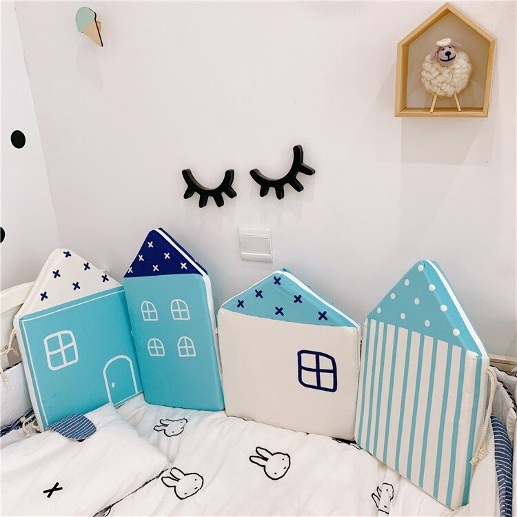 Ins Nordic Eenvoudige Kleine Huis Nachtkastje Buitenlandse Handel Kinderkamer Decoratie Anti Collision Bed Muur 3 Groepen 4 Sets: Baby blue house