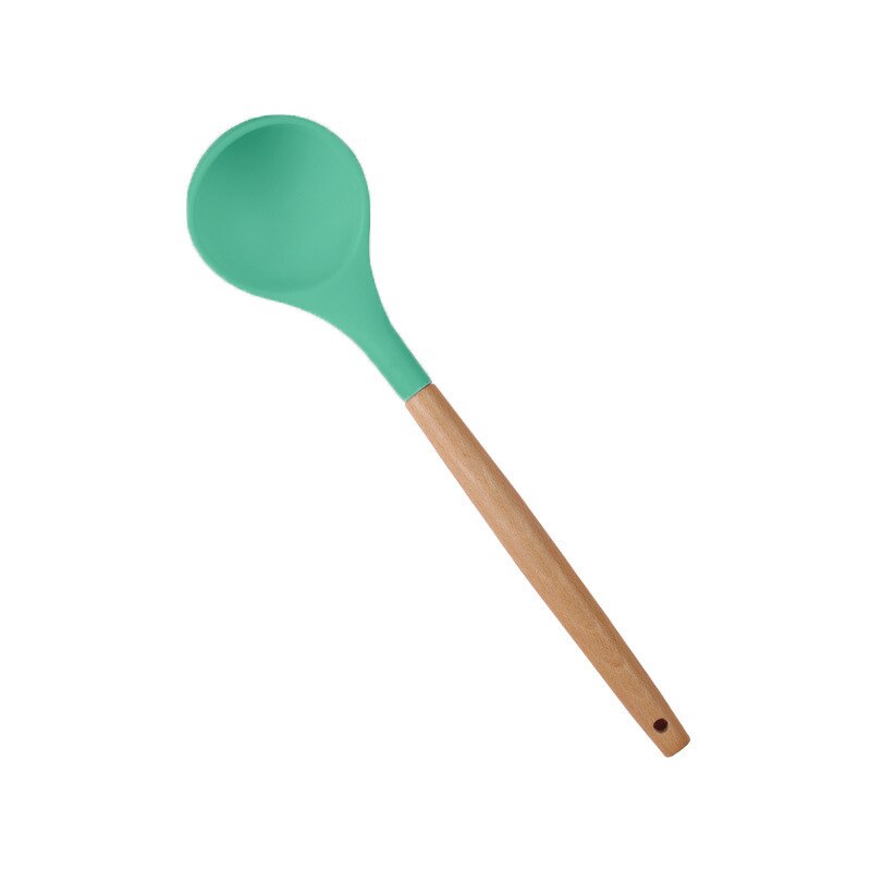 Cuchara de silicona antiadherente para el hogar, utensilios de cocina resistentes al calor con mango de madera, cucharas para sopa, arroz, leche, utensilios para hornear: green