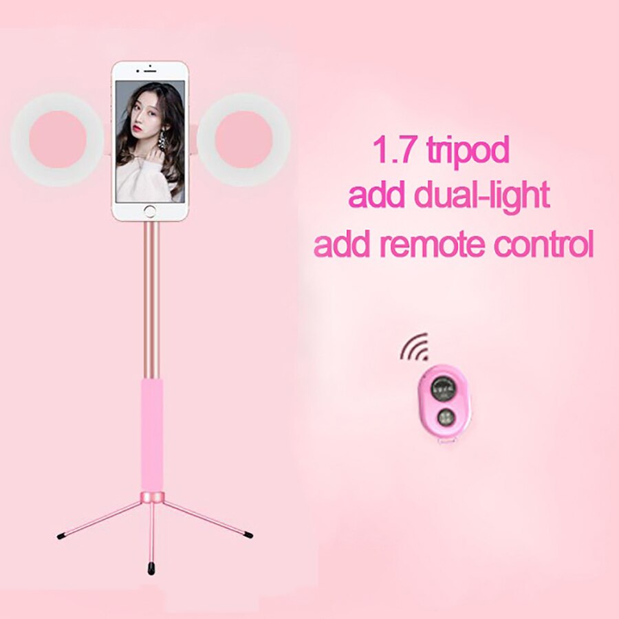 1.7 M Selfie Stok Telefoon Statief Met Dual Led Ring Licht Uitschuifbare Live Statief Stand Portret Vullen Licht Voor Iphone 7 8 Xiaomi: Pink Dual Light