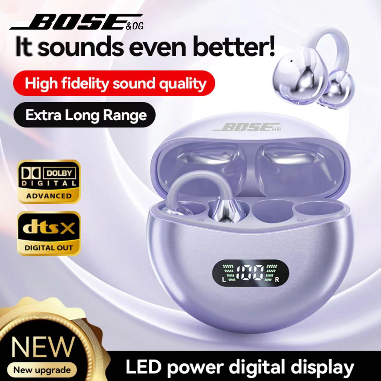BOSE&OG M79 Bluetooth Earphones Clip-On Earbuds LED Bluetooth 360° Clip-On Sport Wireless Earphones Long Battery Life Non-In-Ear