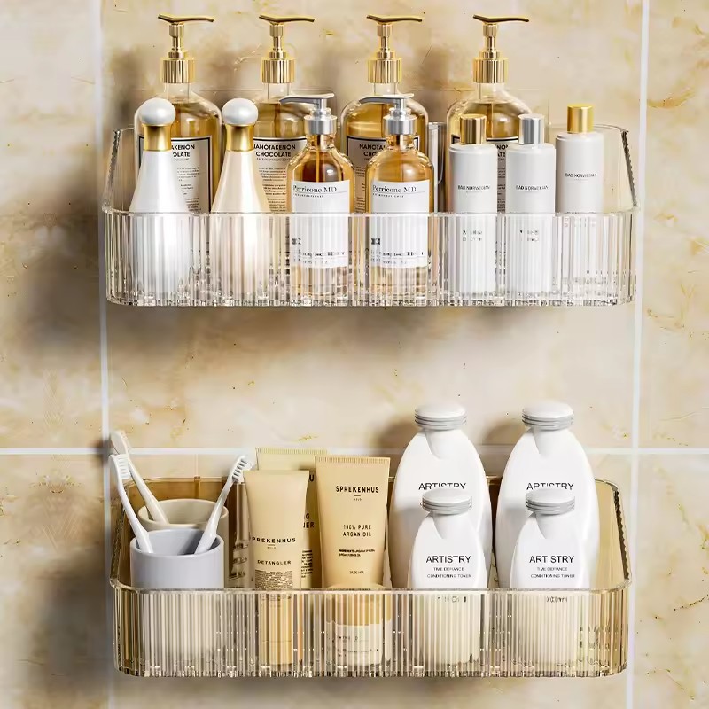 Rack de armazenamento de cosméticos montado na parede de canto plástico sem furo necessário organizador para acessórios de banheiro